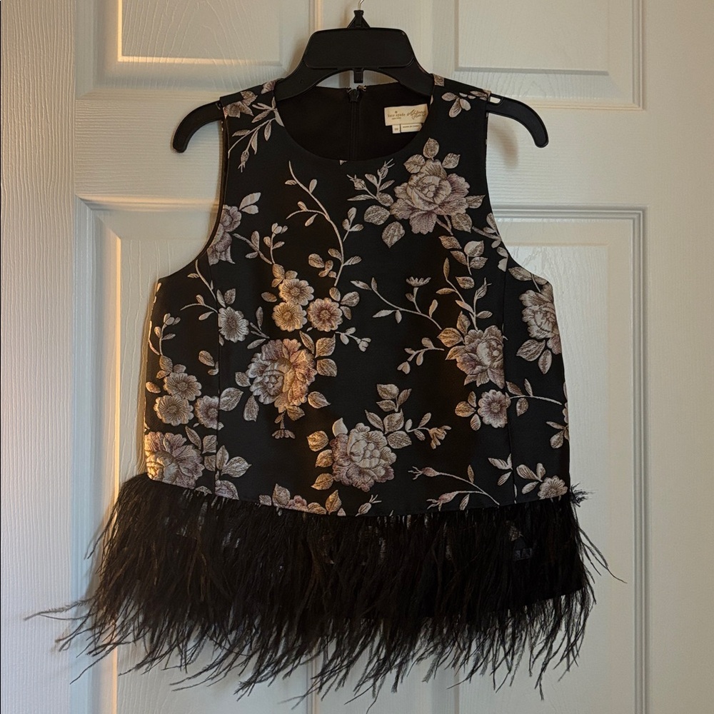 Kate Spade Madison Ave Black and Gold Floral Feather Top